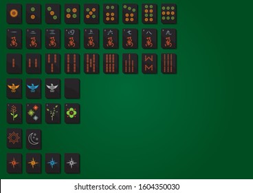 Mahjong Set, Black Tiles, With Simplified Chinese Characters Indicating Numbers. (plus One Blank Tile)