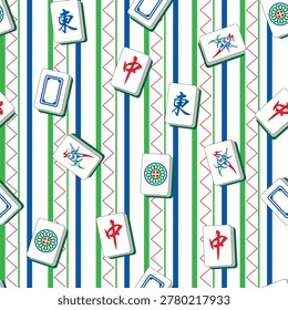 Mahjong tiles seamless pattern with vertical stripes. Includes English translation for non-English text on tiles: 