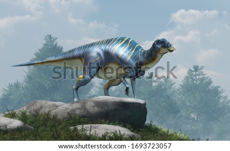 Maiasaura, a hadrosaur, on boulders atop a hill. This duck billed dinosaur, now extinct, was an herbivore that lived during the cretaceous period. 3D Rendering.  Foto stock © 