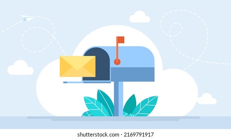 Mail Box With Letter In Envelope. Letterbox. Business Correspondence, Subscription. Inbox Mail And Mailbox. New Message, Communication. Open Post Box. Post Service. Flat Design. Illustration