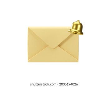 Mail envelope with golden notification bell isolated on white background. 3d render of new e-mail message notice icon. Concept of subscription to newsletter. 3d rendering illustration of message.