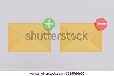 Mail envelopes and plus, minus, Adding mail symbol and diminution mail symbol