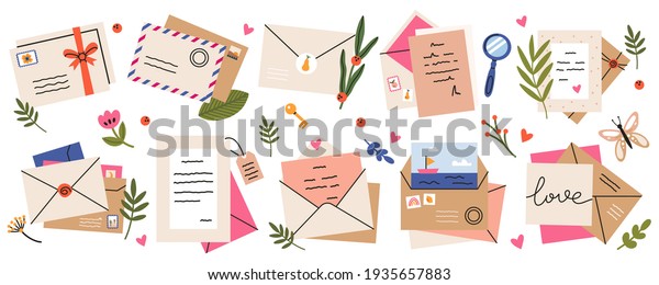Mail envelopes. Post cards, envelopes, post stamps,\
craft paper letters and mail envelopes. Postage cards, cute\
envelopes  illustration\
set