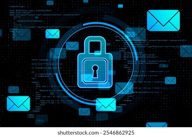 Mail security and lock mail concept with digital envelope symbol on abstract dark background with binary code. 3D rendering