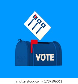 Mail In Vote Being Dropped Into A BLUE USA Mail Box That Represents A Election Ballot Box On Isolated Blue Background. 3D Illustration