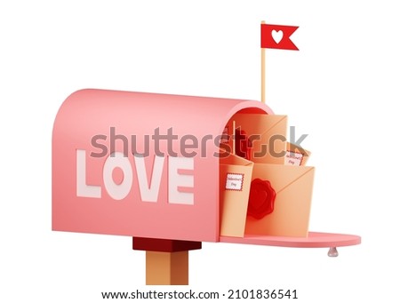 Mailbox. 3d render, isolate. Beautiful image of a mailbox with the inscription love. Happy Valentine's Day. Illustration in cartoon style. I love you. A gift for a loved one for Valentine's Day.