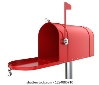 Mailbox. Classic Mailbox, Open And Empty. Red And Isolated On White Background. 3D Render.