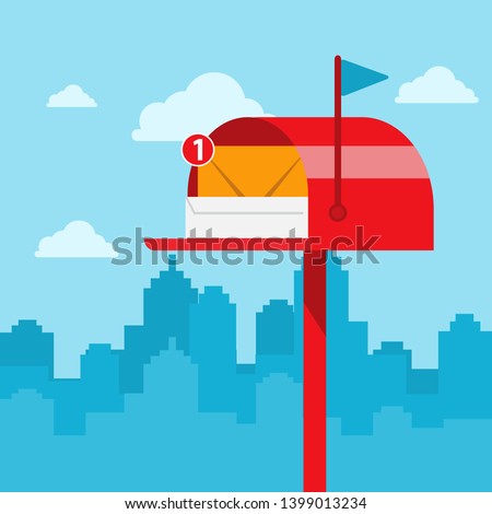 Mailbox full of envelopes illustration in flat design.City postal service concept with opened postbox. Red letterbox with correspondence.