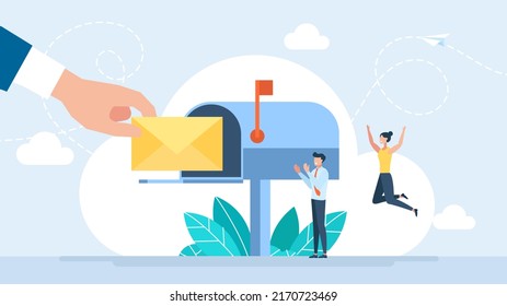 Mailbox With Letter In Envelope. Letterbox. Business Correspondence, Subscription. Inbox Mail And Mailbox. Tiny People Are Happy To Receive The Letter. Open Post Box. Flat Design. Illustration