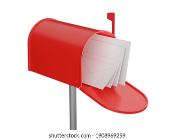 Mailbox with letters. Open red postbox. 3d render.