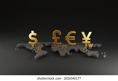 The Main Currency Sign On World Map Include Dollar Yen Euro And Pound For Trading Forex And Currency Exchange Concept By 3d Render. 