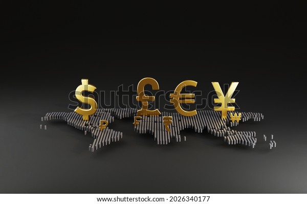 The main currency sign on world map include dollar yen\
euro and pound for trading forex and currency exchange concept by\
3d render. 
