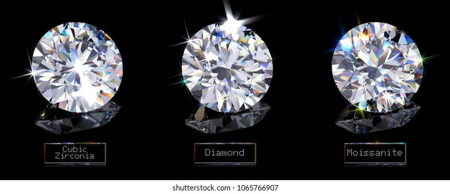 Main Diamond Alternatives: Cubic Zirconia, Moissanite With Names On Black Glossy Background. 3D Rendering Illustration