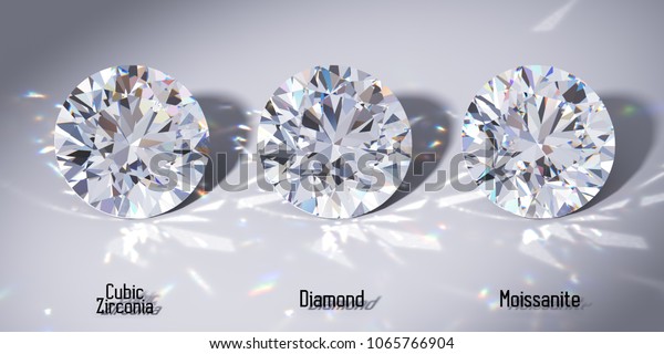 Main diamond alternatives: cubic zirconia,\
moissanite with names, caustics rays on white background. 3D\
rendering\
illustration