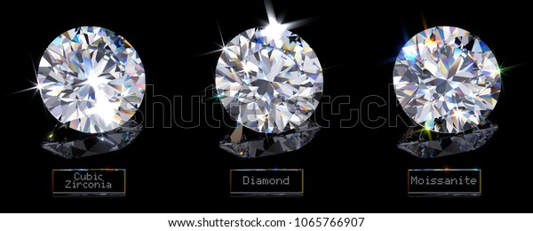 Main\
diamond alternatives: cubic zirconia, moissanite with names on\
black glossy background. 3D rendering\
illustration