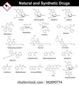 Main Natural And Synthetic Drugs - Structural Chemical Formulas Of Molecules, Opiates, Cannabinoids, Amphetamines, LSD, Cocaine, Methadone, Fentanyl, Meperidine, Raster, Isolated On White Background