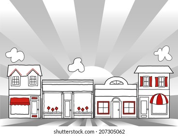 Main Street America, Illustration Of USA Retro Stores, Shops And Small Businesses, Sunrise Ray Background With Copy Space.  