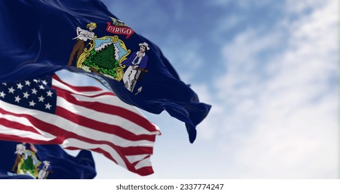 Maine state flags   the United States national flag waving in the wind clear day  3d illustration render  fluttering fabric  Selective focus