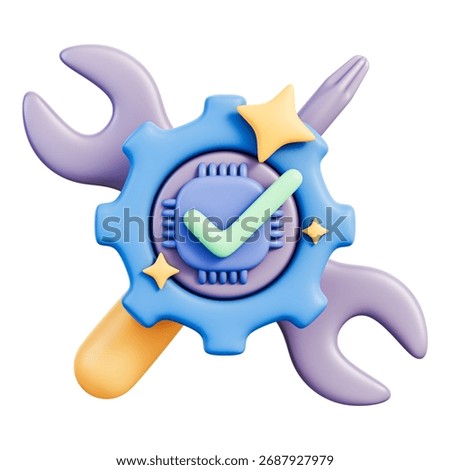 Maintenance gear with microchip processor circuit, symbolizing repair, inspection and quality control for technology, automation and digital workflow. Isolated on white background, 3d illustration.