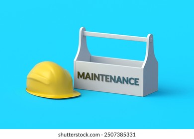 Maintenance inscription on empty toolbox near safety helmet. High quality repair. Property plan. Safety at work. Renovation concept. 3d render - Powered by Shutterstock