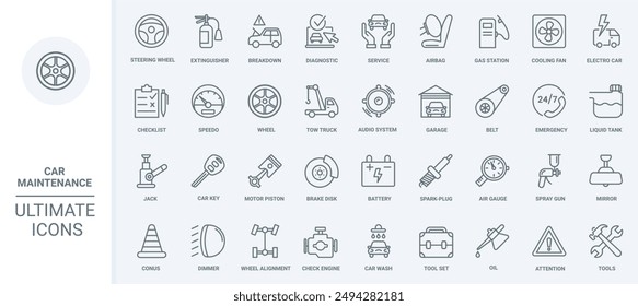 Maintenance and repair car service, auto shop thin line icons set illustration. Outline mechanic tools and equipment for automotive diagnostics in garage, tech machine parts and engine - Powered by Shutterstock