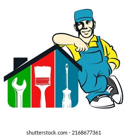 Maintenance worker in uniform and tool. Repair service and house construction. Tool for repairs under the roof of the house symbol - Powered by Shutterstock