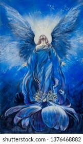 Majestic Blue Angel Of Love In A Lotus Flower Looks Up In The Radiance To The Divine Sky
