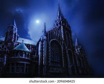 Majestic Castle In The Gothic Style At Night. Medieval Temple By The Light Of The Moon. Spooky Old Church 3d Illustration. 