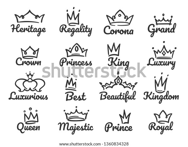 荘厳なクラウンのロゴ 王子と王女をスケッチし 手描きのクイーンサイン 王冠のグラフィティスケッチ図 ティアラと宝石のクラウンの高級ロゴイラスト アイコンセット のイラスト素材