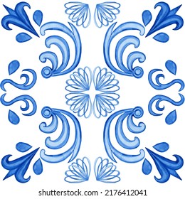 Majolica Seamless Watercolor Pattern. Sicilian Hand Drawn Ornament. Traditional Blue And White Ceramic Tiles. Portuguese Traditional Azulejo Pattern. Moroccan Style.