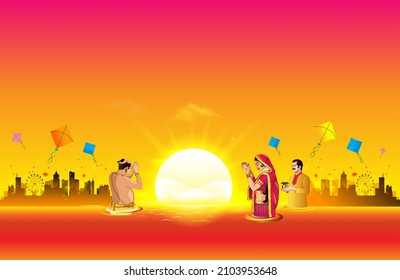 Makar Sankranti festival. Indian hindu family doing prayer of sun. Kite flying, city skyline background.