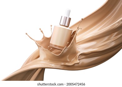 Make up liquid foundation cream cosmetics bottle on splashing cosmetic liquid, 3d rendering.