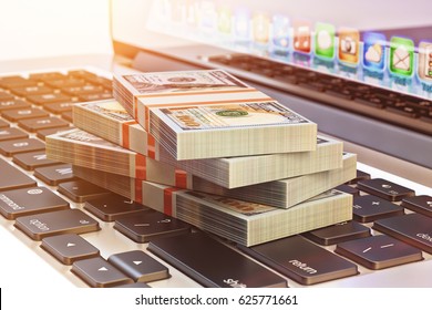 Make money online and internet business concept, bundle of dollar bills on laptop computer keyboard close-up view, 3d illustration
