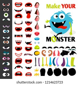 Make A Monster Icons Set, With Alient Eyes, Mouths, Ears And Horns, Wings And Hand Body Parts. Illustration