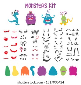 Make A Monster Icons Set, With Alient Eyes, Mouths, Horns, Wings And Hand Body Parts.