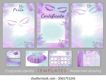 Make up set. Colorful Make-up buisenes and bonus, price list, card and gift and education certificate for an educational institution. Watercolor eyelash, brow, crown and leaf on violet and white - Powered by Shutterstock