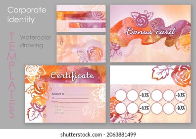 Make up set. Colorful Make-up buisenes and bonus card and gift and education certificate for an educational institution. Watercolor rose and leaf on purple, orange, violet and red backgrounds. - Powered by Shutterstock