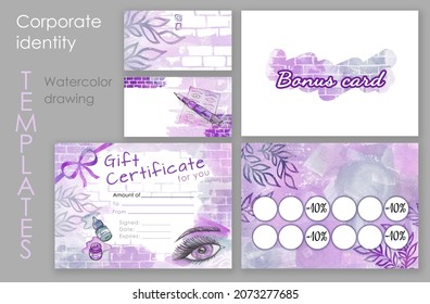 Make up set. Colorful Make-up buisenes and bonus card and gift and education certificate for an educational institution. Watercolor elements on violet and white, purple, violet and gray backgrounds. - Powered by Shutterstock