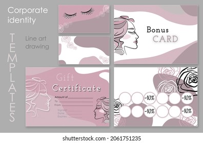 Make up set. Digital Make-up buisenes and bonus card and gift certificate for an educational institution. Line art female face and rose on brown and white, pink and gray backgrounds. - Powered by Shutterstock