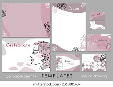 Make up set. Digital Make-up buisenes and bonus card, gift and education certificate and price list for an educational institution. Line art female face and rose on brown and white, pink and gray - Powered by Shutterstock