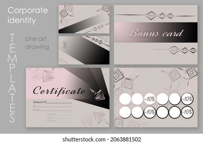 Make up set. Digital Make-up buisenes and gift or bonus card and certificate for an educational institution. Geometric square elements on brown and gradient pink, beige and black background. - Powered by Shutterstock