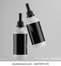 Make your brand pop with this dynamic floating bottle mockup. The sleek monochrome design with blank labels is perfect for showcasing logos and packaging for e-liquids, inks, oils, or craft products.