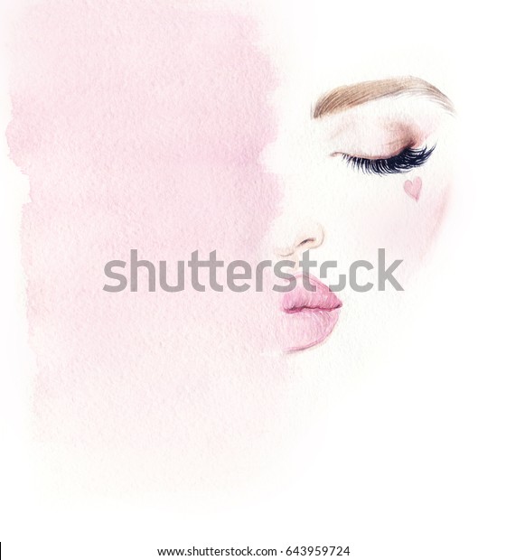 メイクアップ 美しい女性の顔とテキストの場所 ファッションイラスト 水彩画 のイラスト素材