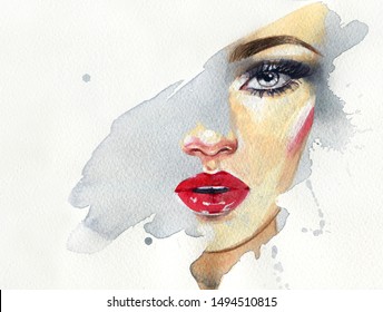 Makeup. Beautiful Woman. Fashion Illustration. Contemporary Watercolor Painting
