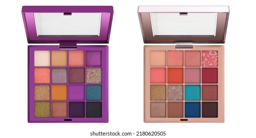 Makeup Eyeshadow Palette Mockup. Open Set Of Colored Eyeshadows With A Mirror, 3D Photo.