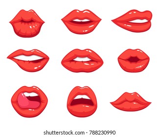 Makeup illustrations in cartoon style. Beautiful smiling sexy female lips. Makeup sexy, smile girl kiss lips 
