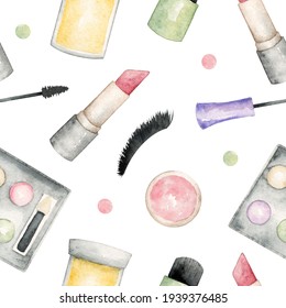 Makeup Tools Seamless Watercolor Pattern With Doodles