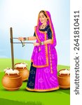 Making ghee, Indian village woman traditional making butter, making butter from milk, illustration, using a wooden churner, rustic kitchen, clay pots, intent expression, rope setup illustration.