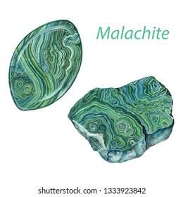 Malachite watercolor gems. Heart chakra stones and healing crystals. Hand drawn illustration of green gemstones isolated on white background