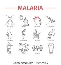 Malaria Line Icon Infographics. Symptoms, Signs For Web Graphics.